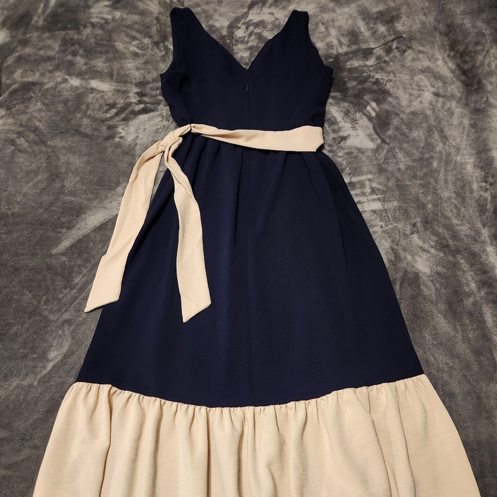 DKNY Navy and Cream Midi Dress
